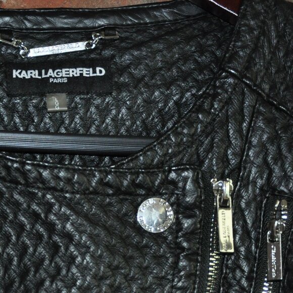 Karl Lagerfeld Paris Woven Texture Black Faux Leather Motorcycle Moto Jacket L - Picture 2 of 10